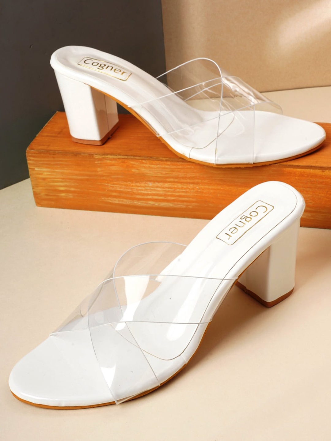 

Cogner Square Toe Open Back Block Heels, White