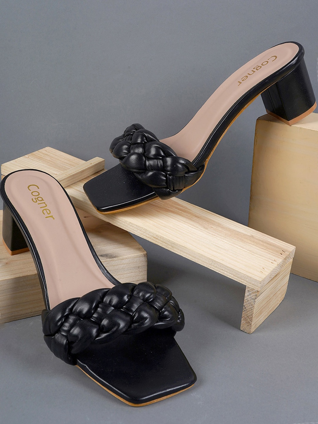 

Cogner Square Toe Open Back Block Heels, Black