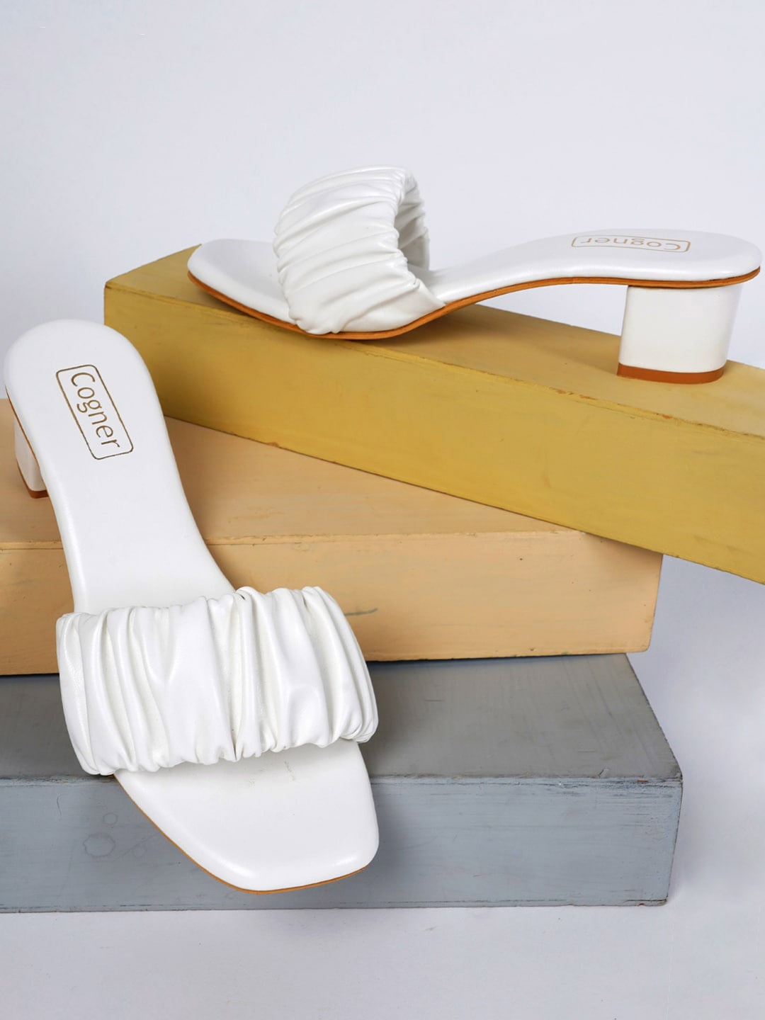 

Cogner Square Toe Open Back Block Heels, White