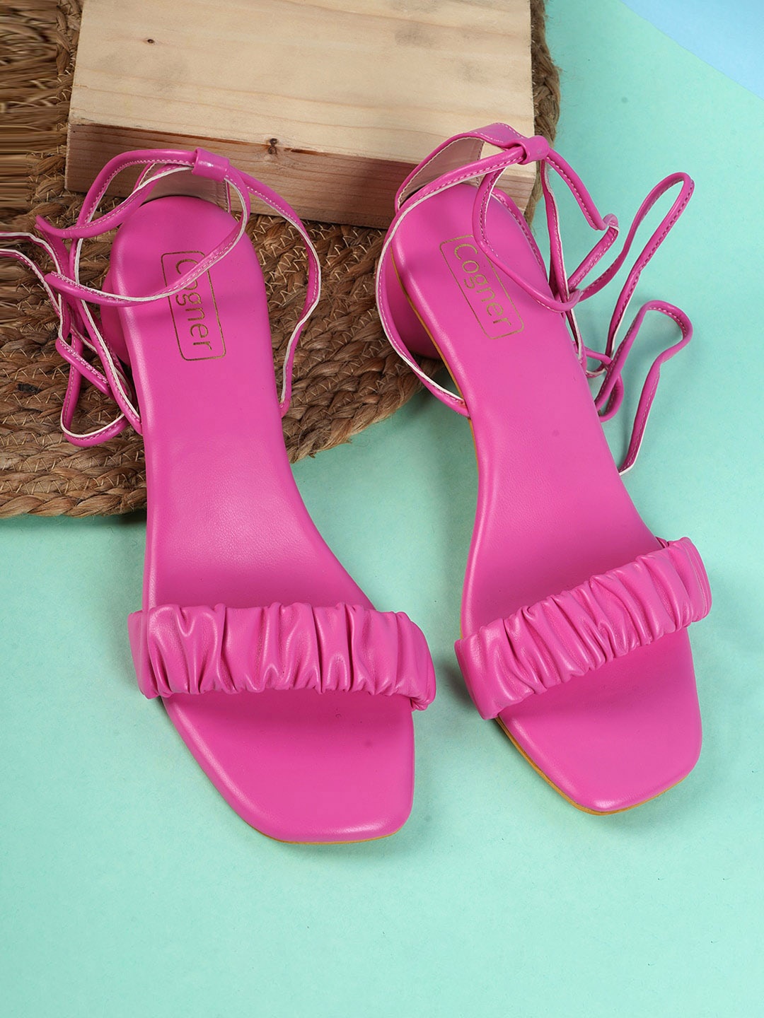 

Cogner Square Toe Lace-Ups Wedge Heels, Pink