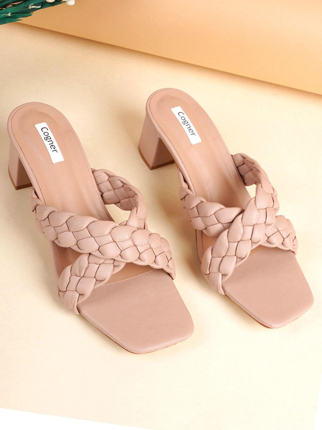 

Cogner Square Toe Open Back Block Heels, Beige