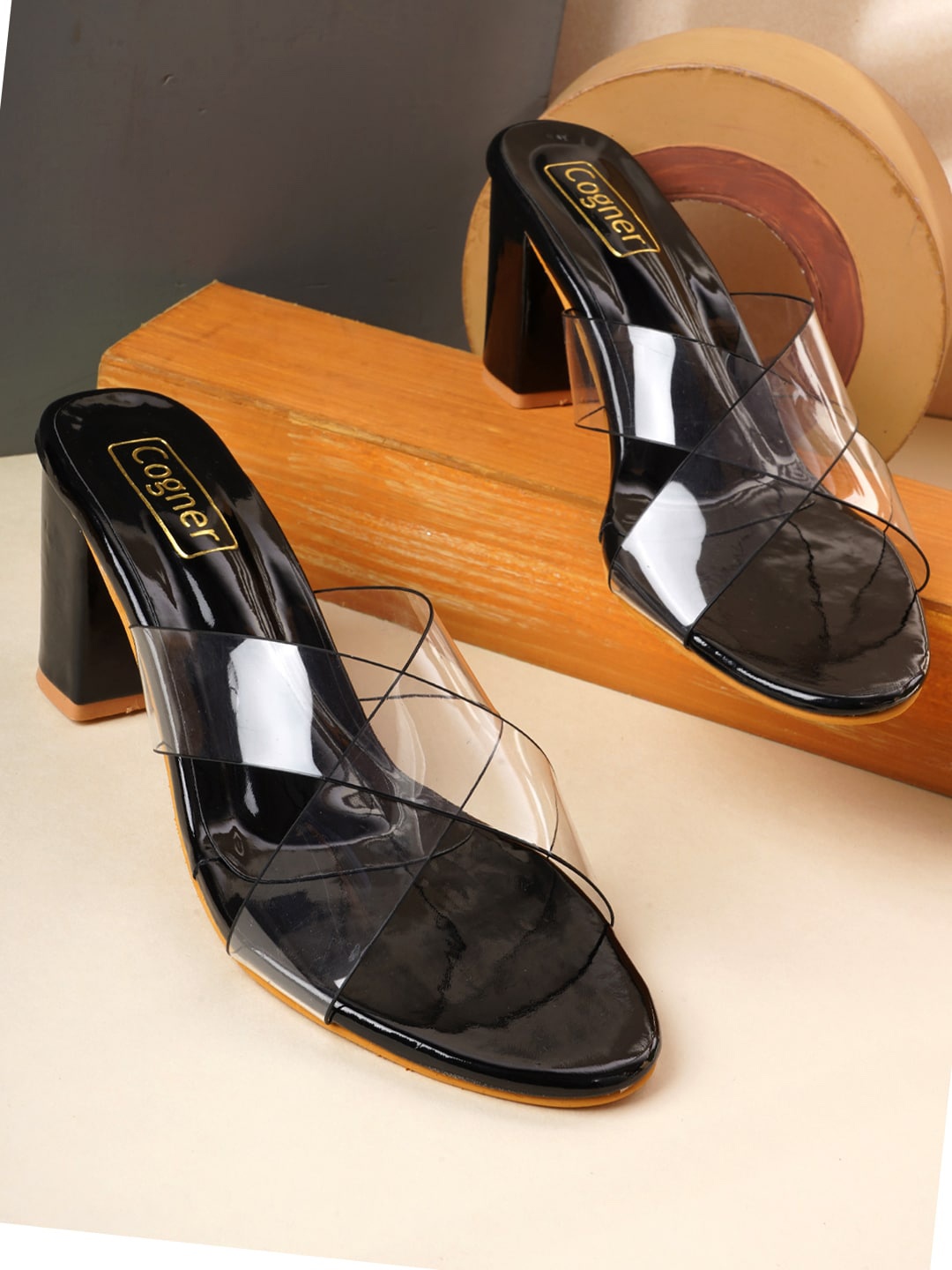 

Cogner Round Toe Open Back Block Heels, Black