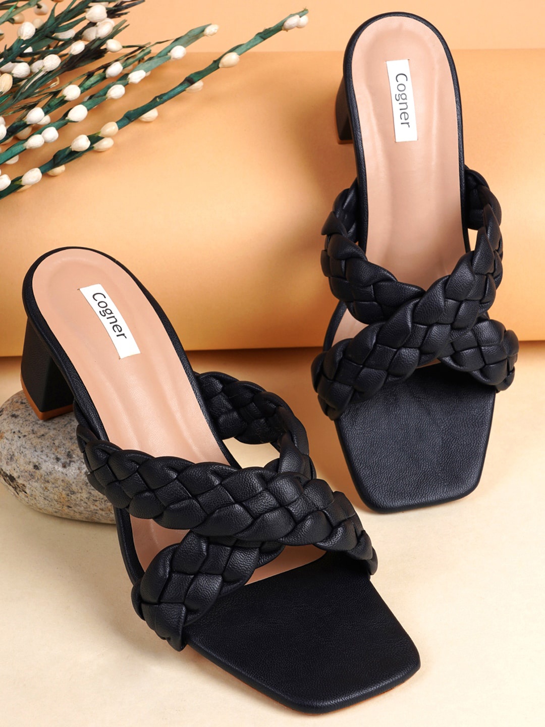 

Cogner Square Toe Open Back Block Heels, Black