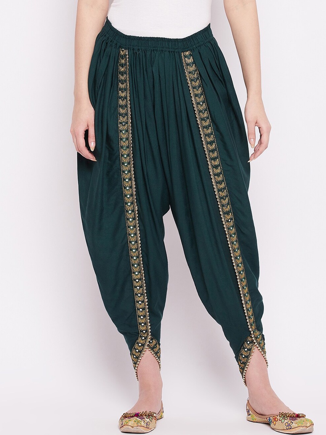 

Castle Lifestyle Women Bottle Green Dhoti Pants with Embellished Border