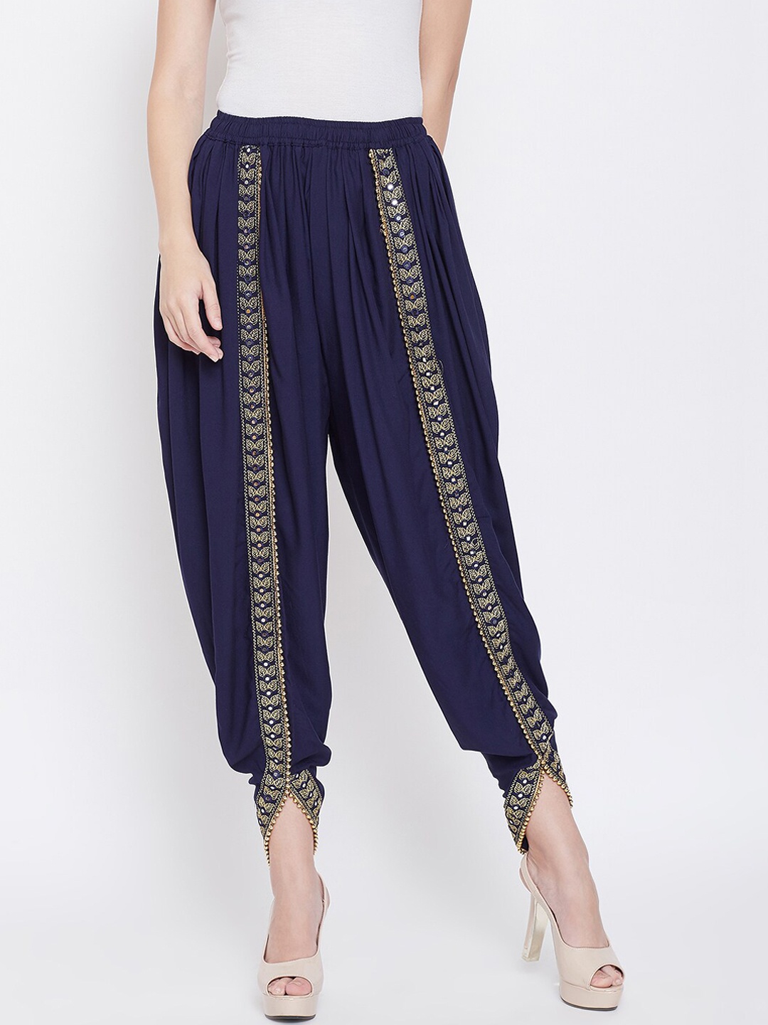 

Castle Lifestyle Women Navy Blue Dhoti Pants with Embellished Border