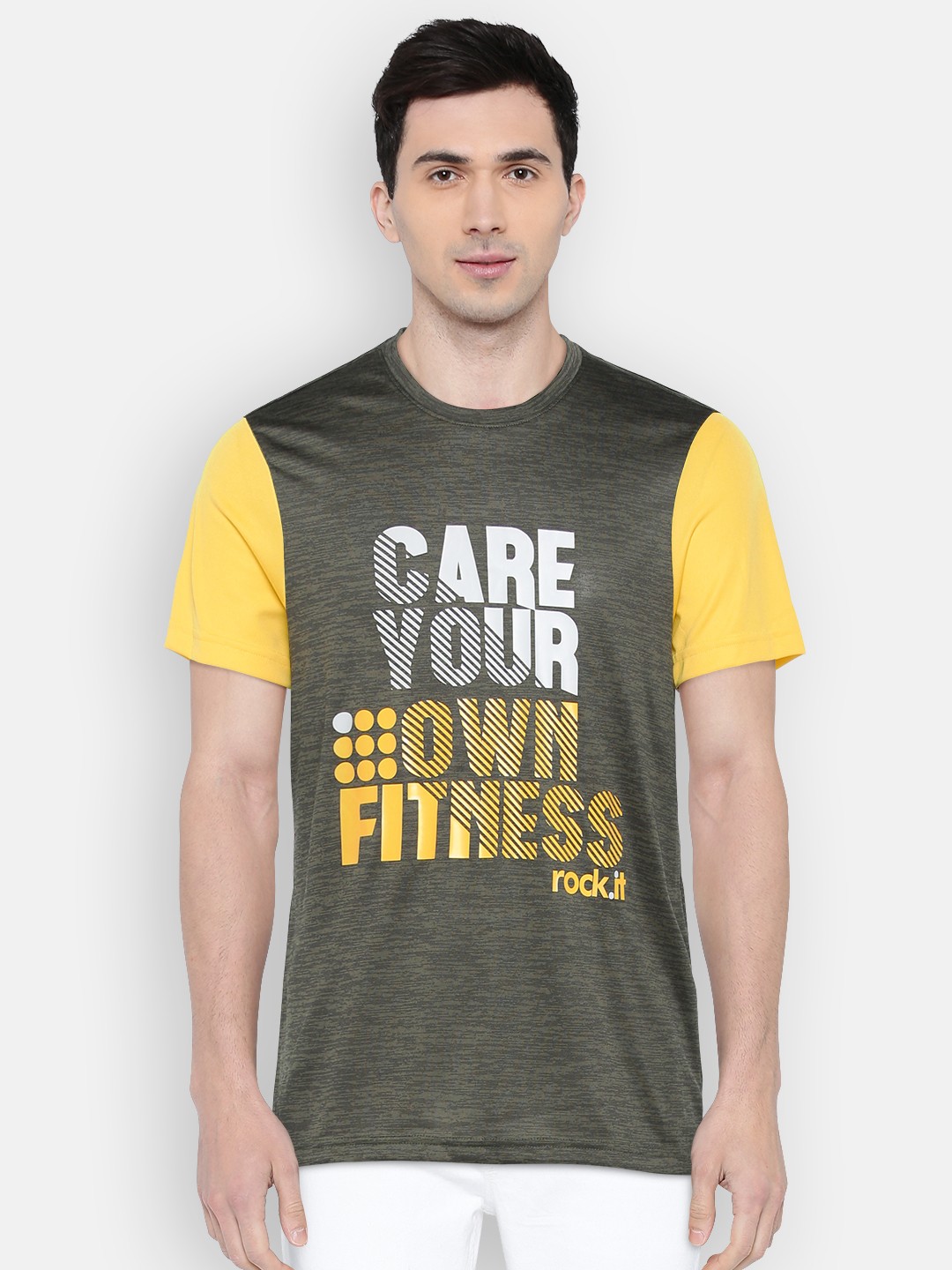 

rock.it Men Olive Green Printed Swift Dry Round Neck T-shirt
