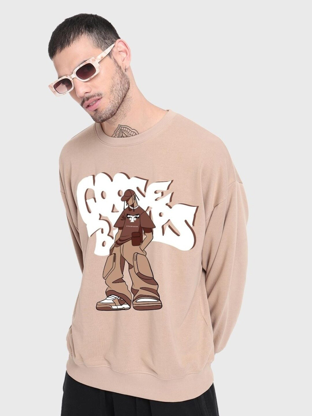 

Bewakoof Men Graphic Printed Round Neck Sweatshirt, Beige