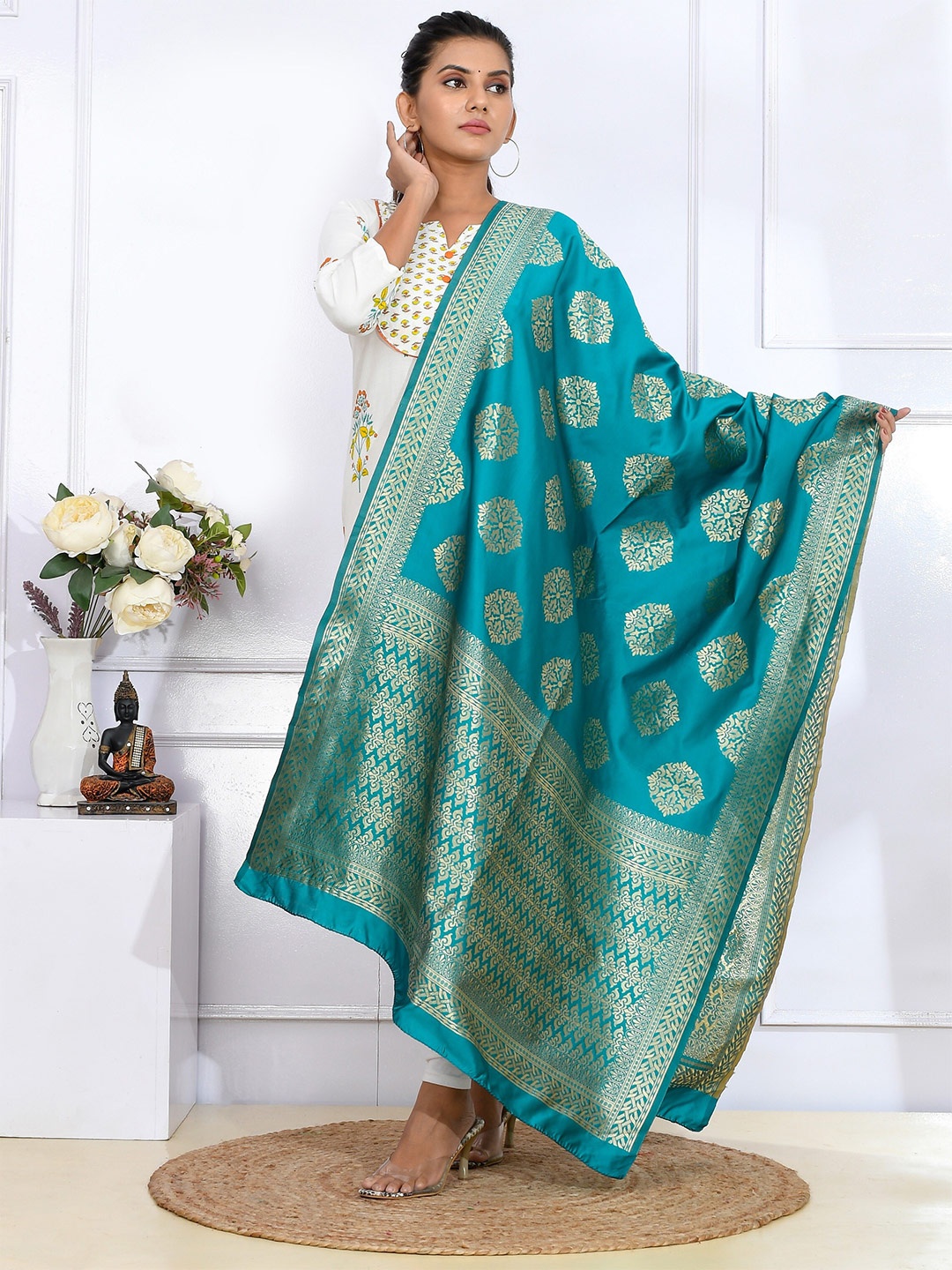 

Kesarya Turquoise Ethnic Motifs Woven Design Silk Dupatta with Zari, Turquoise blue