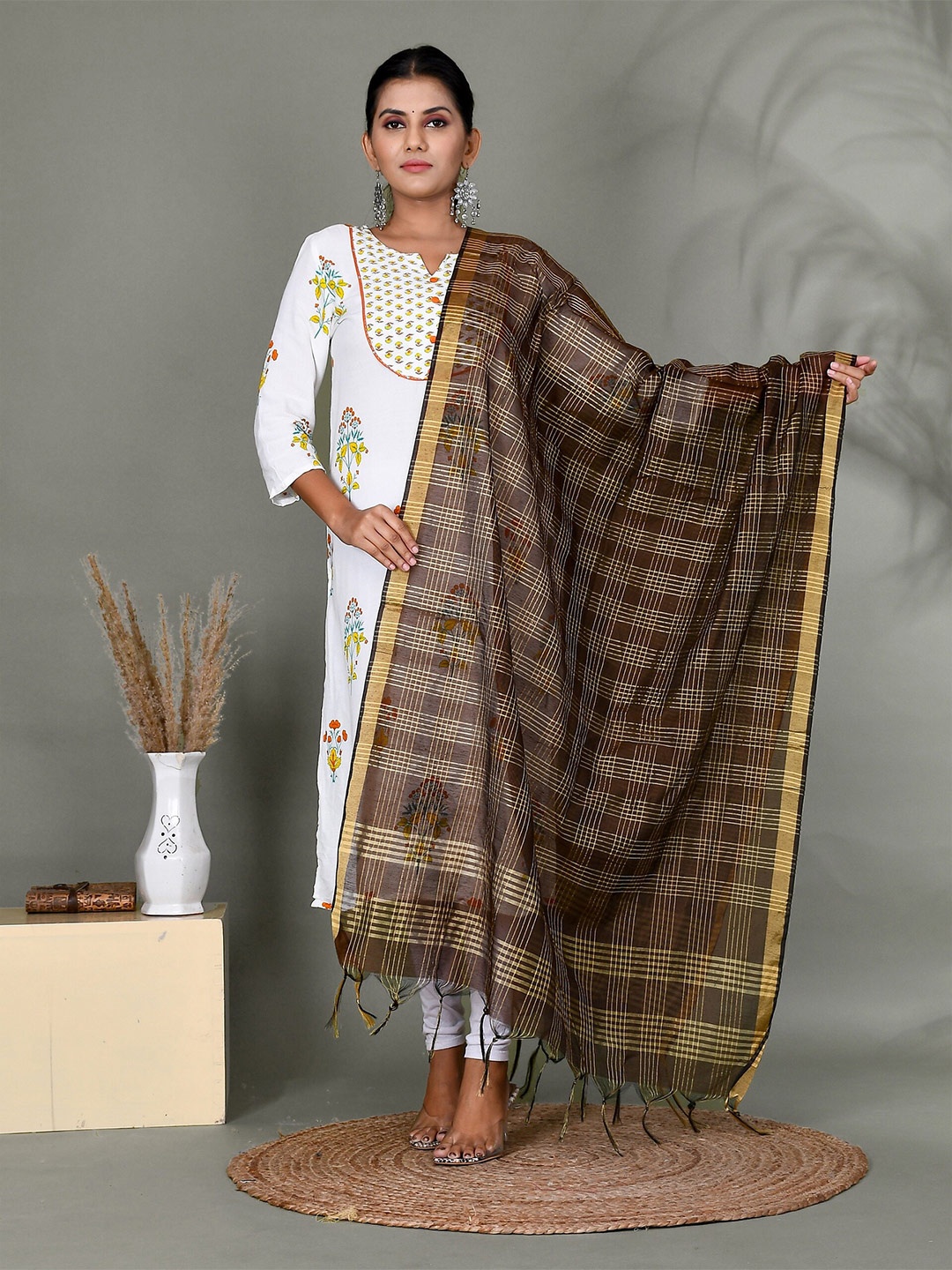 

Kesarya Checked Organza Dupatta with Zari, Brown