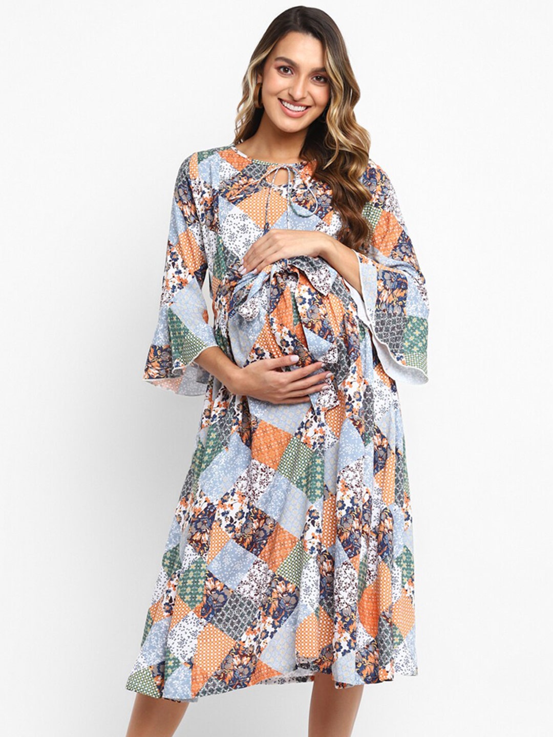 

Momsoon Maternity Floral Tie-Up Neck Midi Dress, Orange