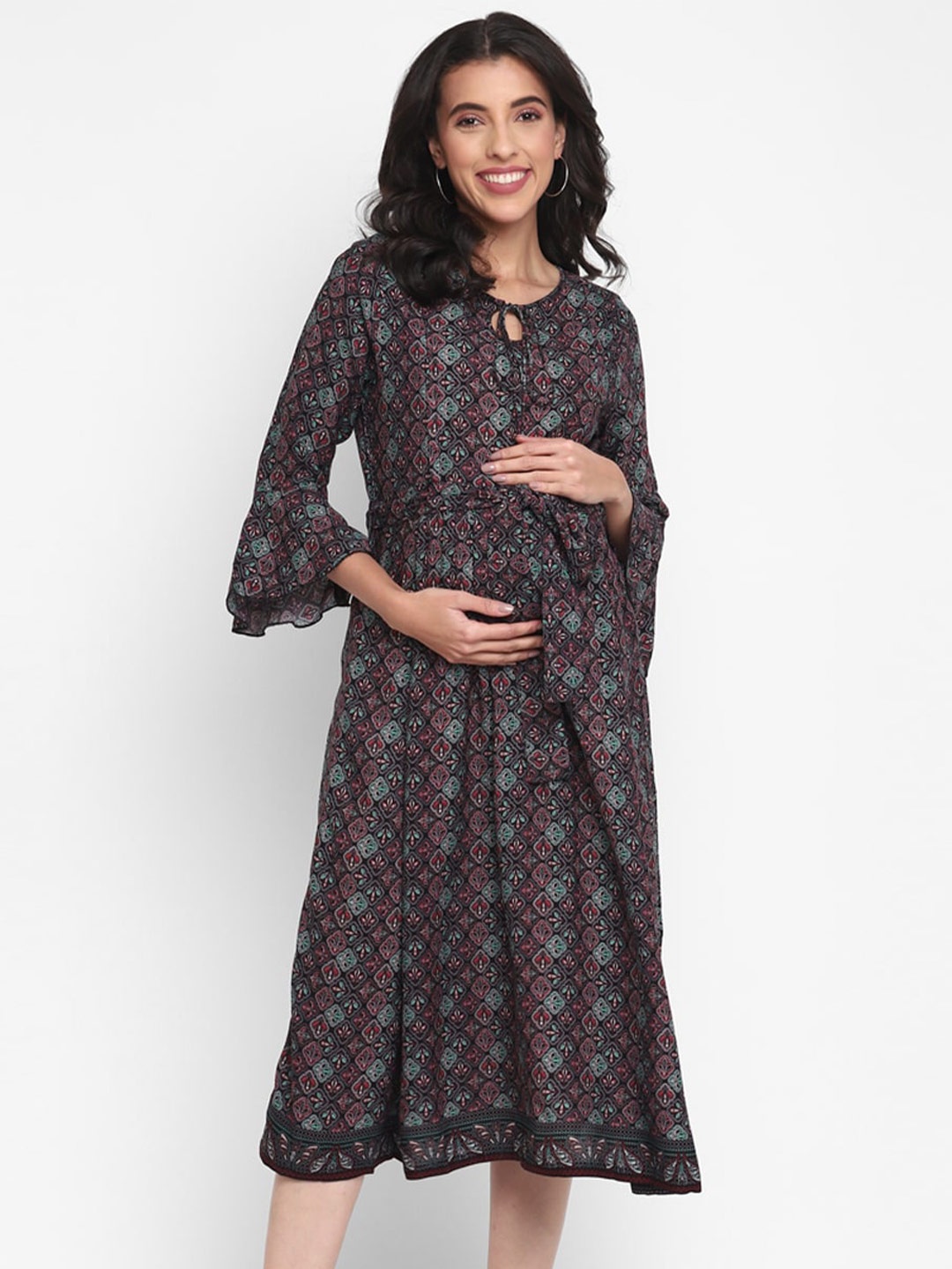 

Momsoon Maternity Ethnic Motifs Printed Tie-Up Neck Midi Dress, Maroon