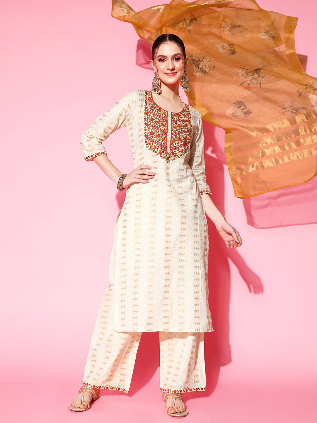 

Indo Era Women Off White Embroidered Thread Work Kurta With Palazzos & Dupatta
