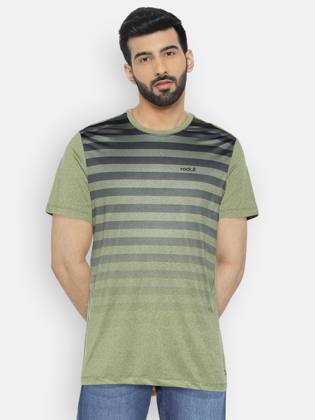 

rock.it Men Olive Green Striped Swift Dry Round Neck T-shirt