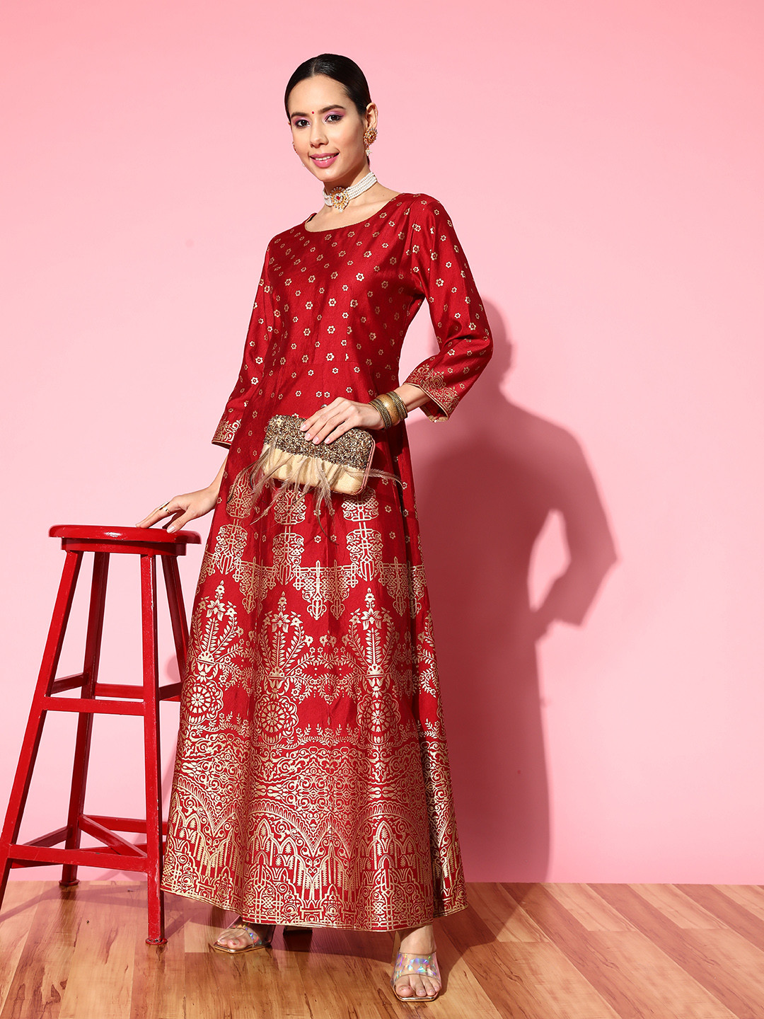 

Indo Era Ethnic Motifs Printed Ethnic A-Line Maxi Ethnic Dress, Red