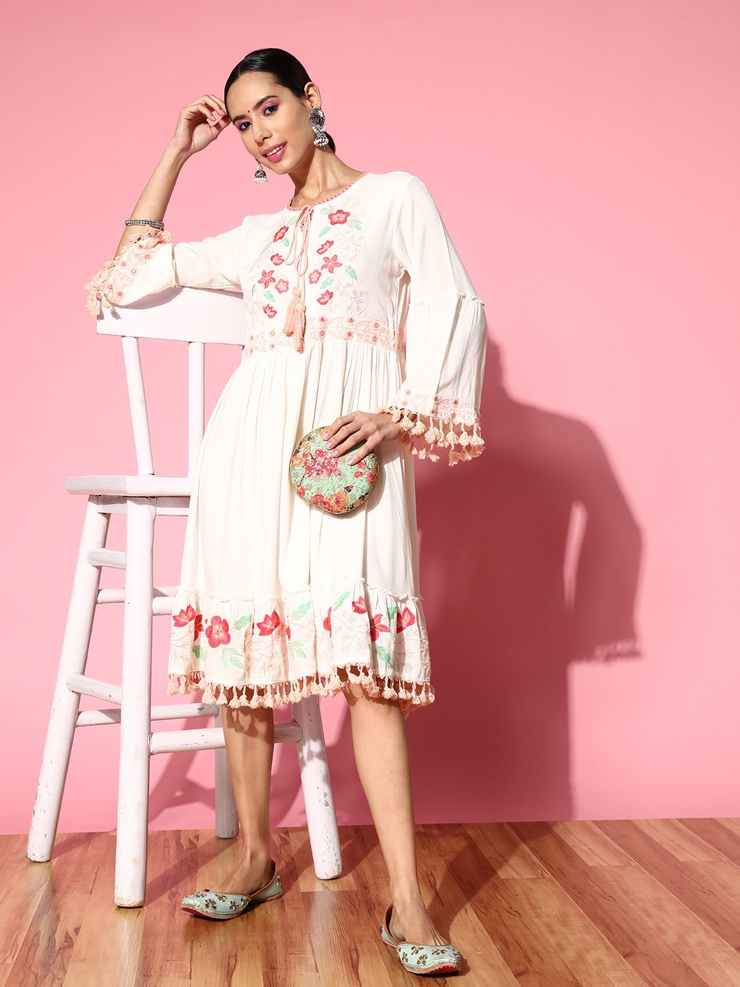 

Indo Era Floral Embroidered Pure Cotton Ethnic A-Line Ethnic Dress, White