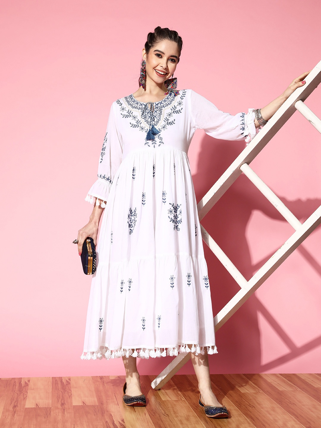 

Indo Era Floral Embroidered Tie-Up Neck Layered Pure Cotton Ethnic A-Line Midi Dress, White