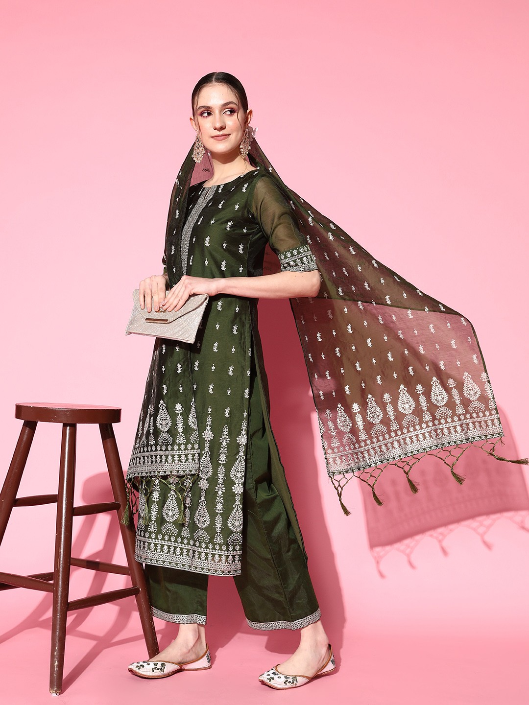 Indo Era Women Green Ethnic Motifs Printed Chanderi Silk Kurta With Palazzos & Dupatta