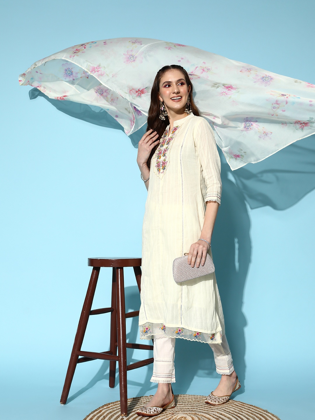 

Indo Era Women White Floral Embroidered Thread Work Kurta With Trousers & Dupatta