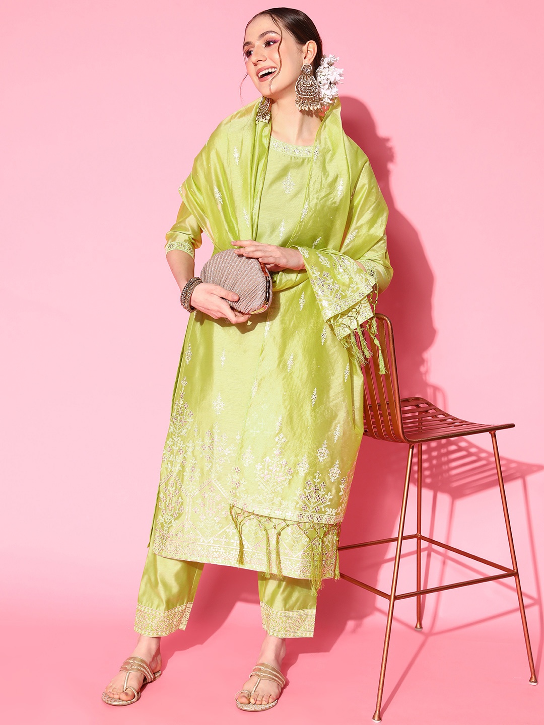 

Indo Era Women Lime Green Ethnic Motifs Khari Printed Chanderi Silk Kurta Set