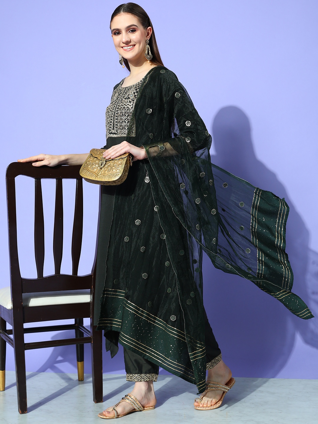 

Indo Era Women Green Yoke Design Sequinned Kurta with Trousers & With Dupatta