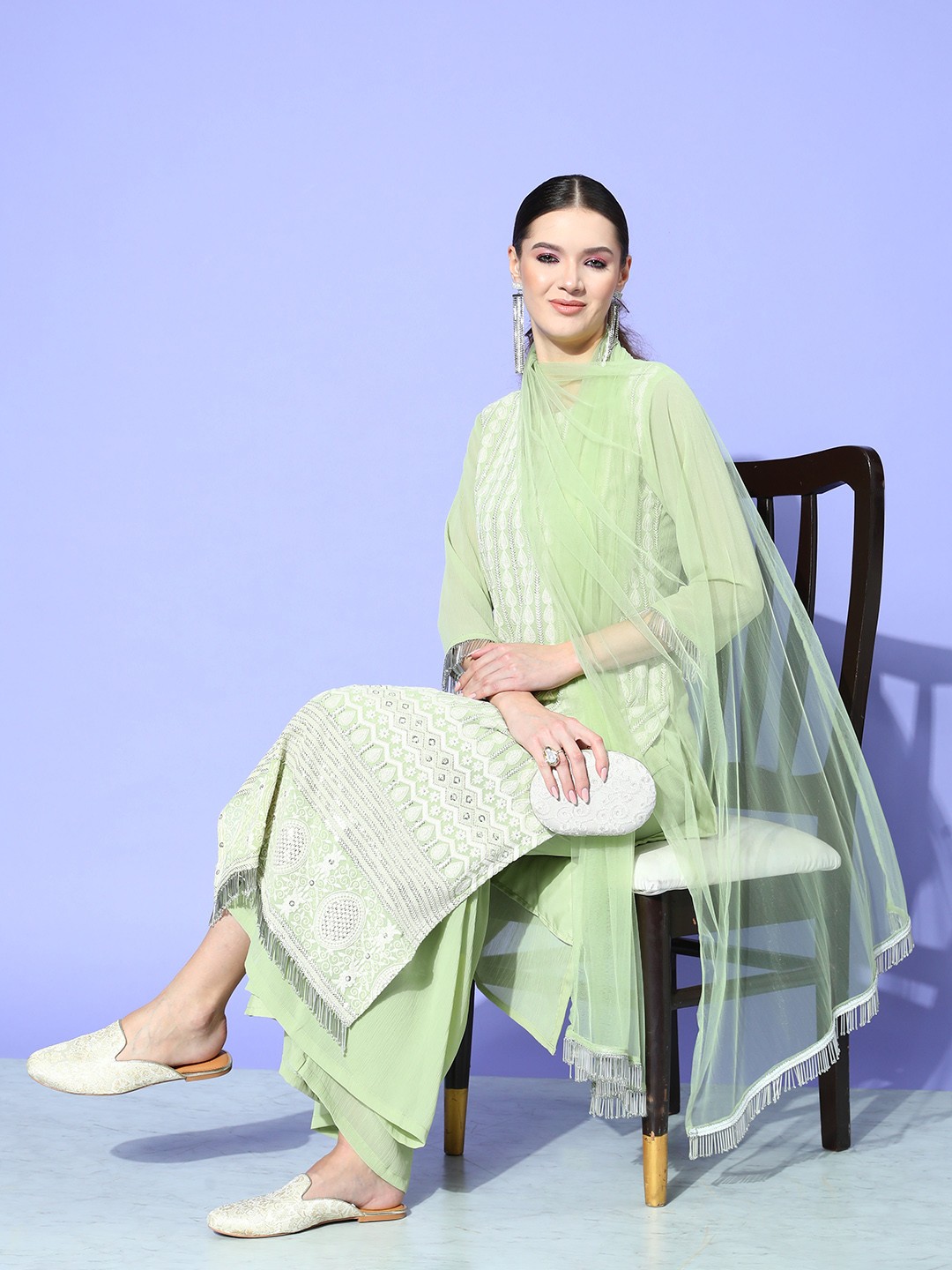 

Indo Era Women Sea Green Floral Embroidered Thread Work Kurta with Sharara & With Dupatta