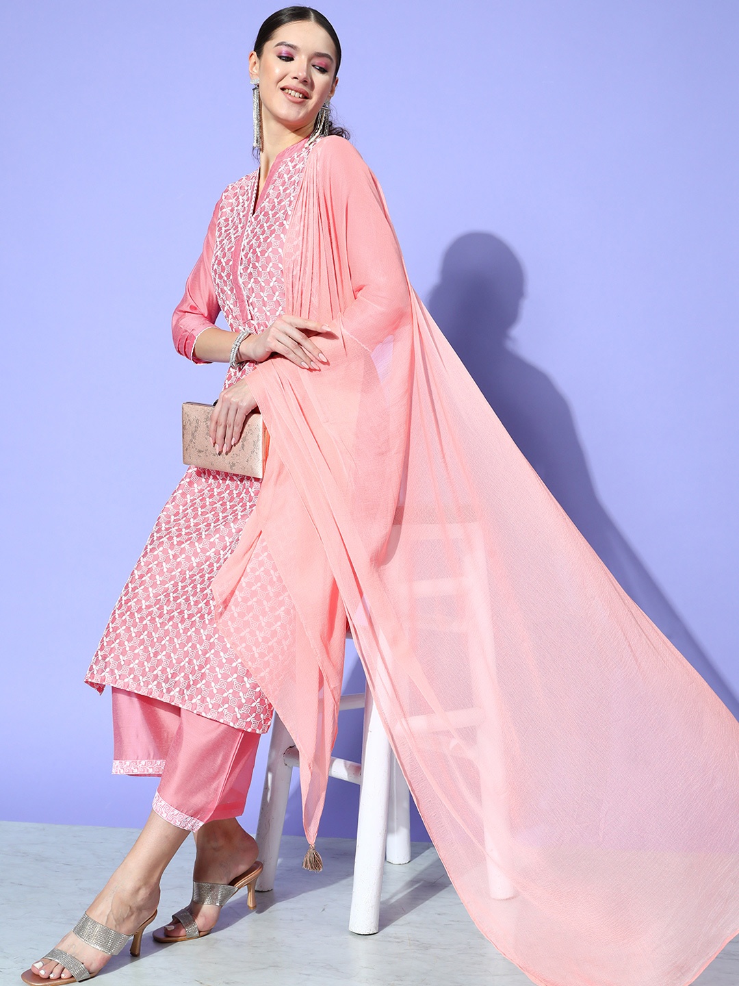 

Indo Era Women Pink Embroidered Kurta with Palazzos