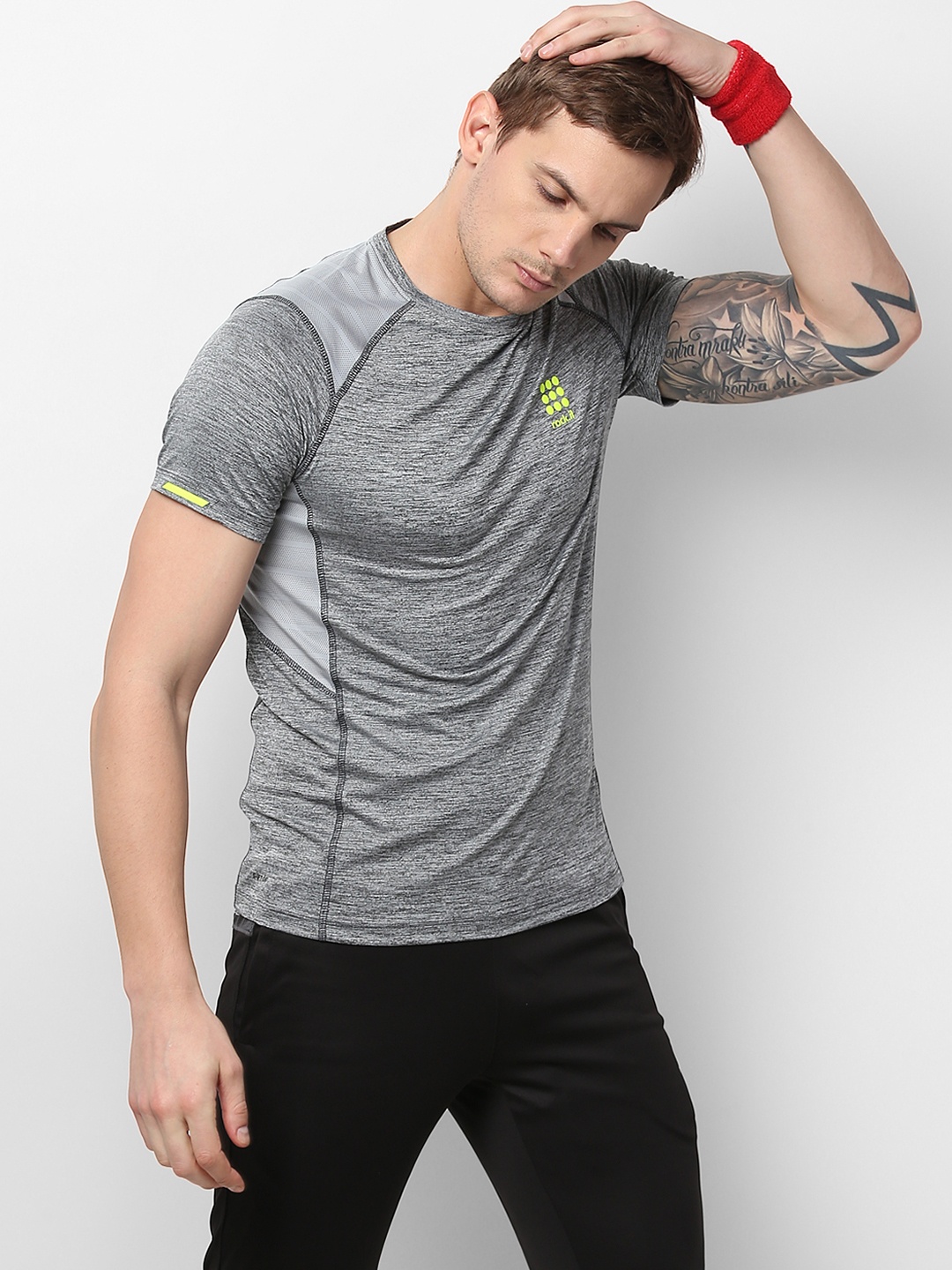 

rock.it Men Grey Melange Solid Swift Dry Round Neck T-shirt