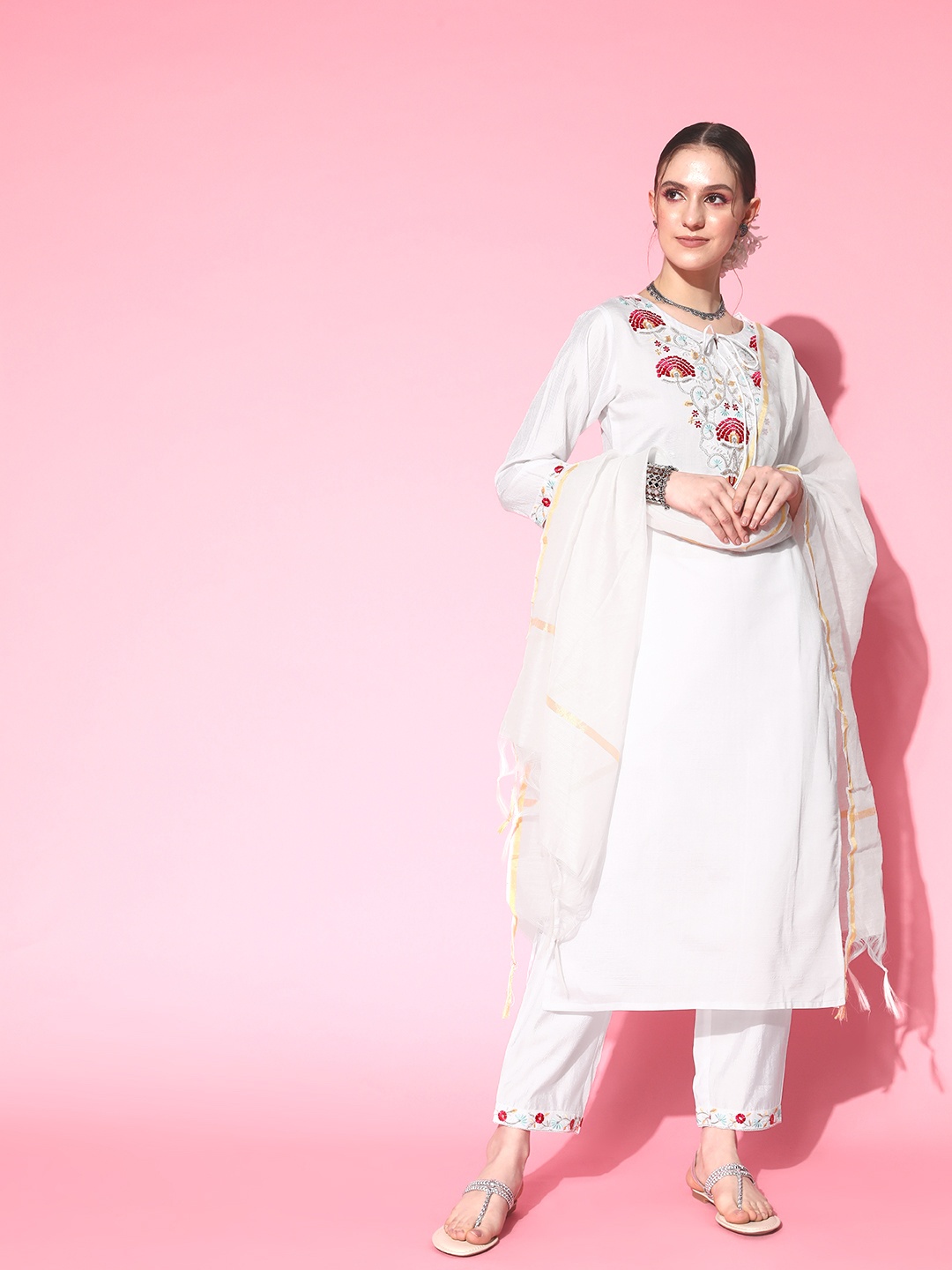 

Indo Era Women White Floral Embroidered Thread Work Kurta With Trousers & Dupatta