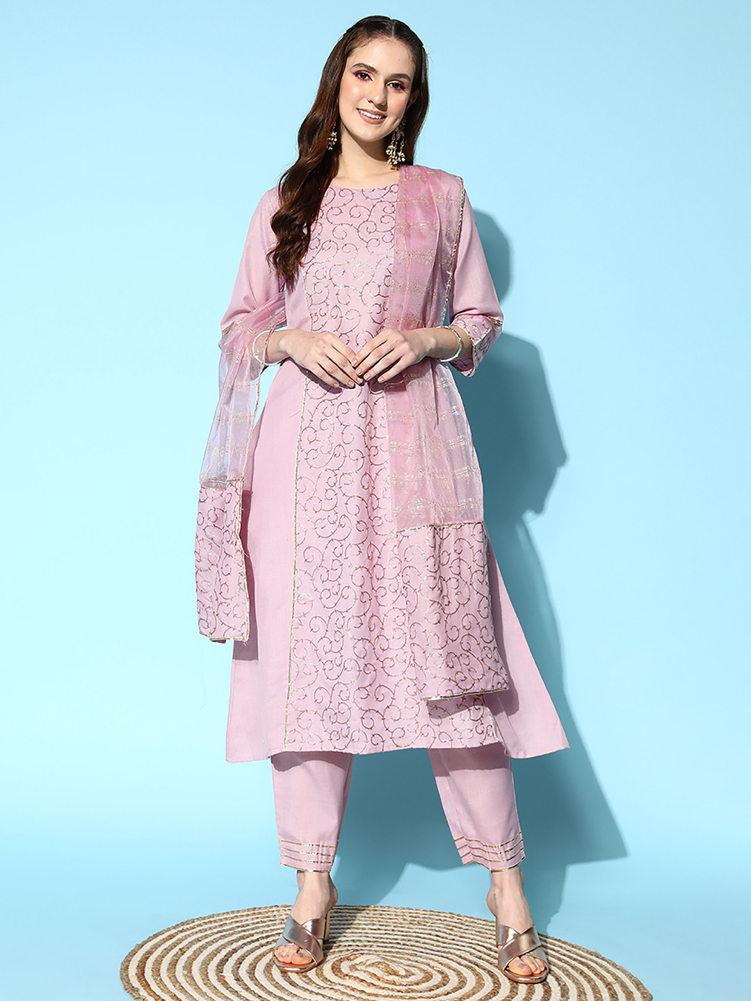 

Indo Era Women Purple Floral Embroidered Panelled Sequinned Kurta with Trousers & With Dupatta
