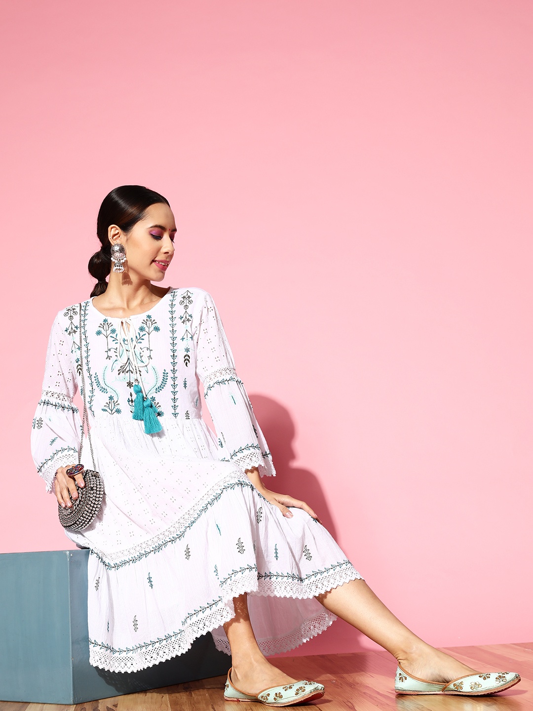 

Indo Era Floral Embroidered Pure Cotton Ethnic A-Line Midi Ethnic Dress, White