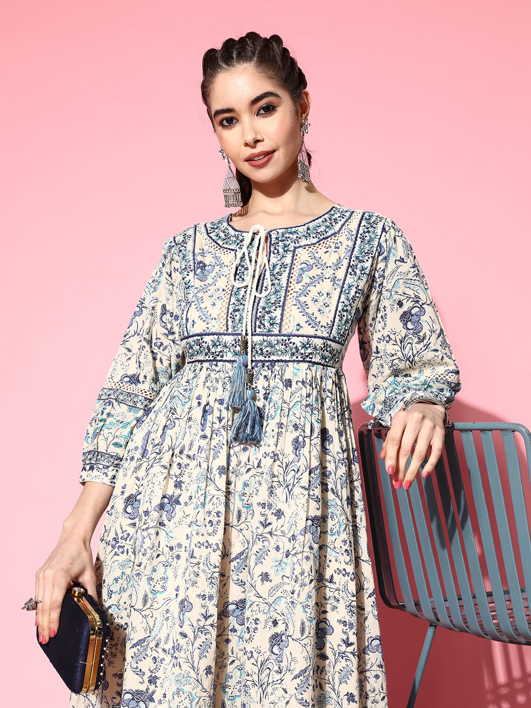 

Indo Era Floral Embroidered Pure Cotton Ethnic A-Line Midi Dress, Blue