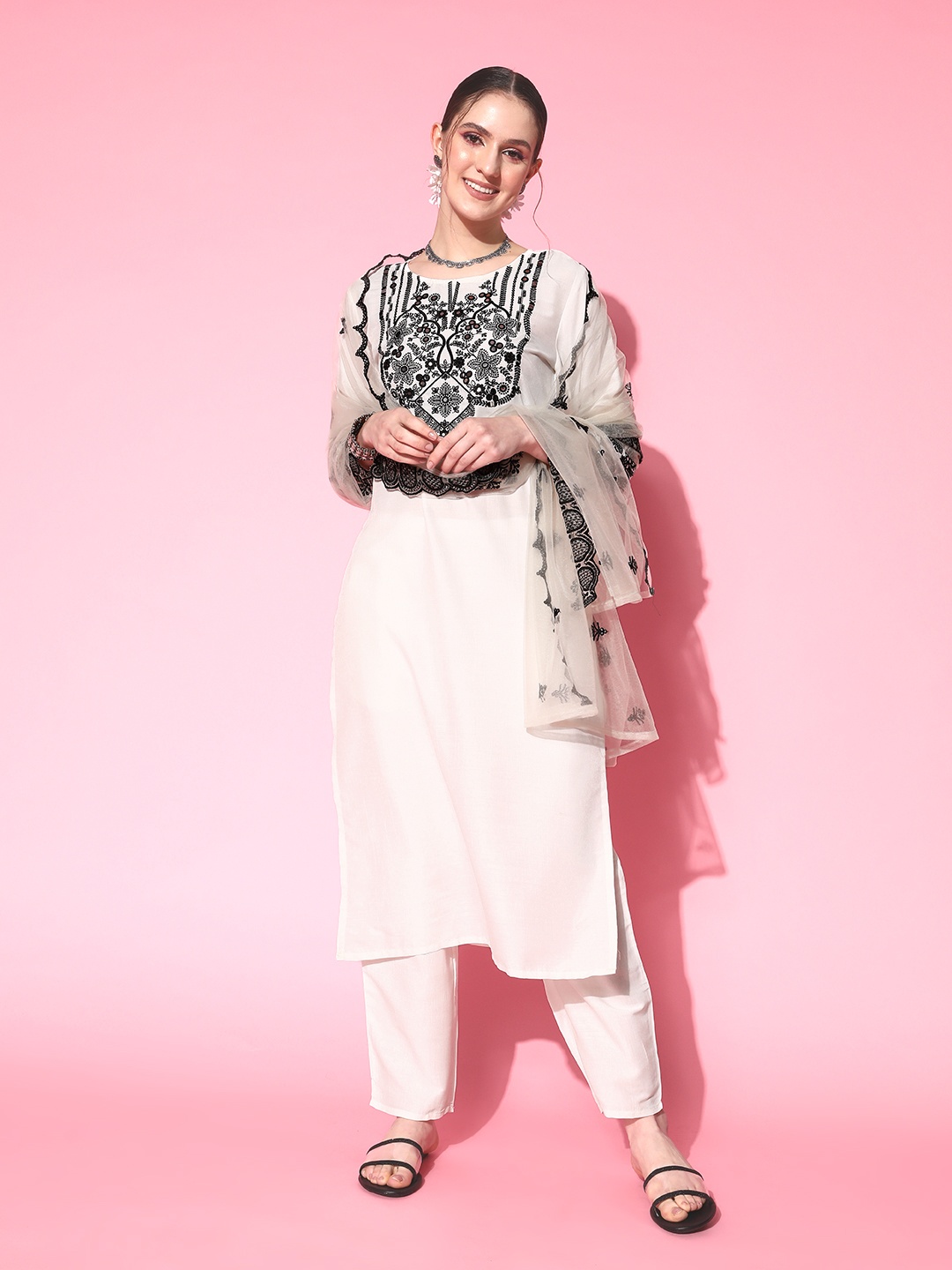 

Indo Era Women White Embroidered Thread Work Kurta With Trousers & Dupatta