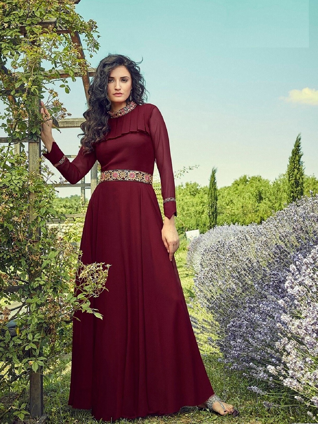 

APNISHA Embroidered Georgette Maxi Dress, Maroon