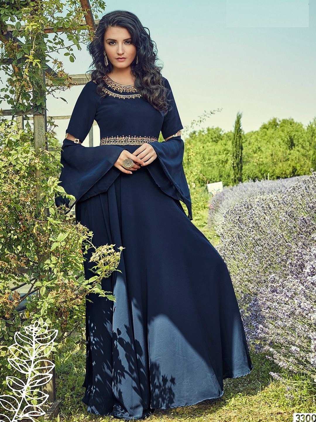 

APNISHA Embellished Bell Sleeves Georgette Maxi Dress, Blue