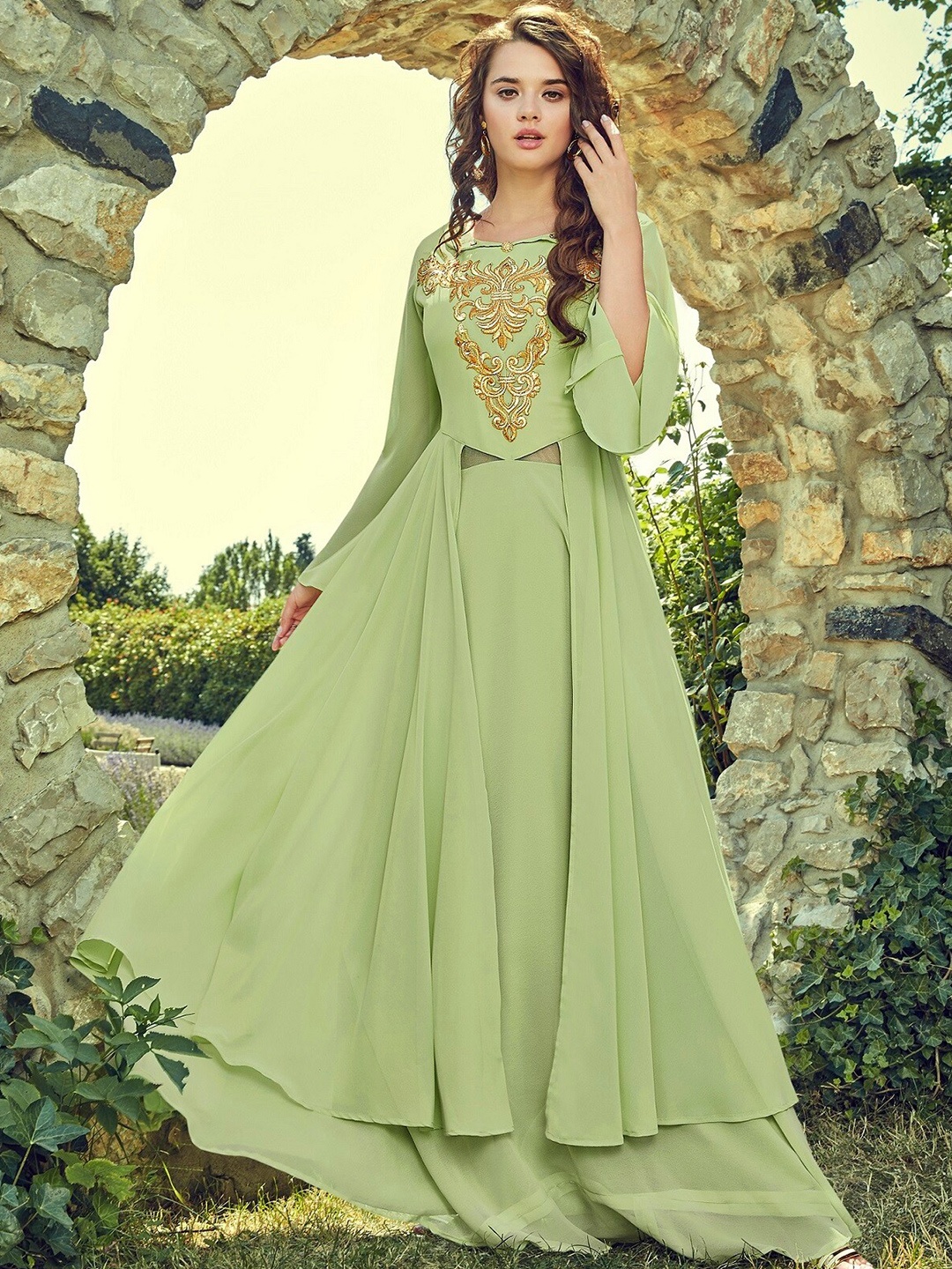

APNISHA Embroidered Georgette Maxi Dress, Lime green