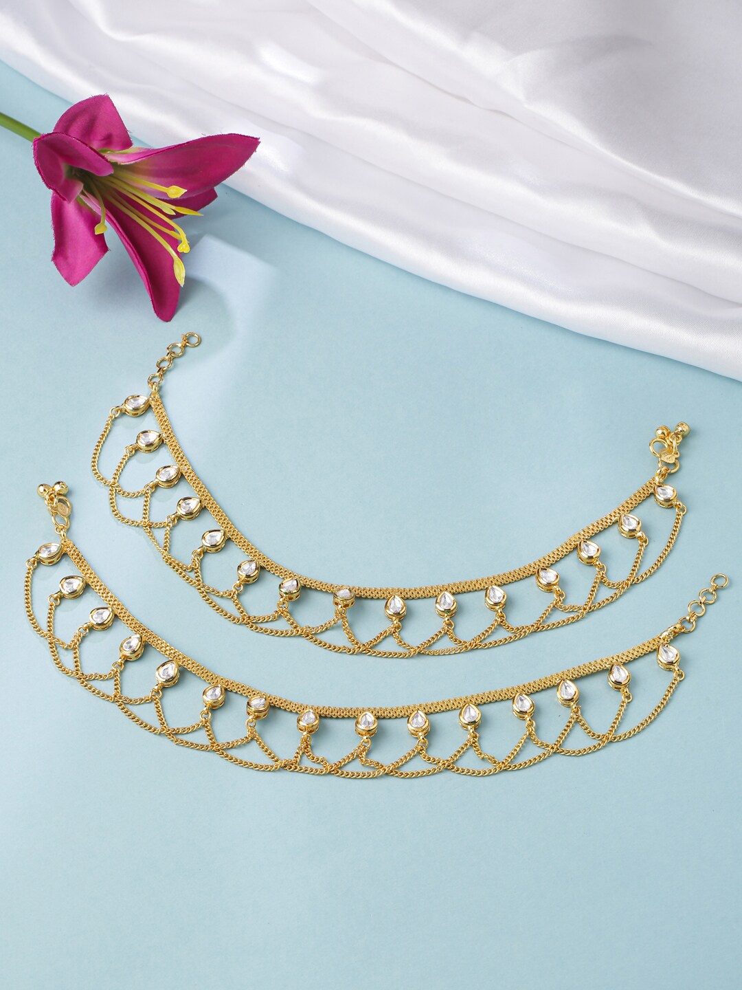 

Tistabene Women Pack of 2 Gold-Plated Kundan Studded Anklets