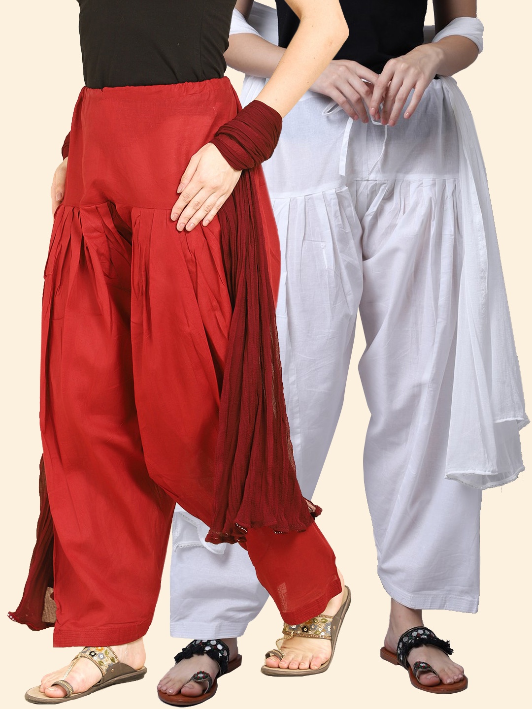 

Miaz Lifestyle Women Pack Of 2 Pure Cotton Loose-Fit Salwar and Dupatta, Red