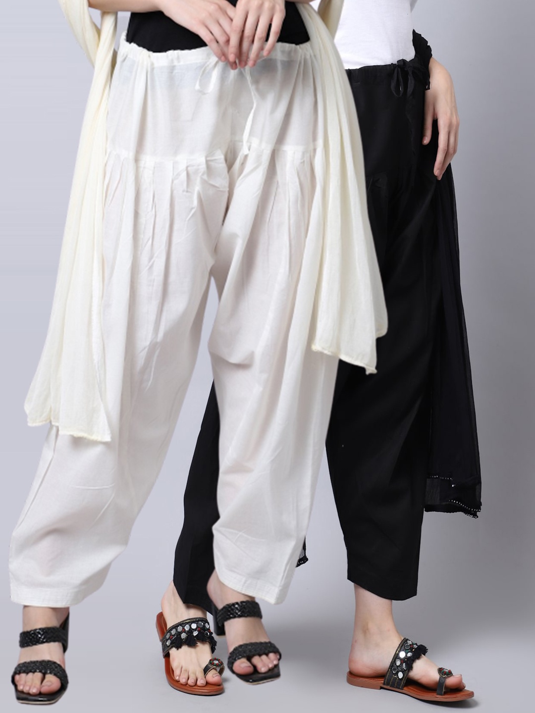 

Miaz Lifestyle Women Pack Of 2 Pure Cotton Loose-Fit Salwar and Dupatta, Off white