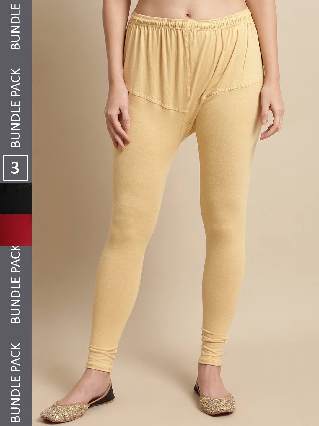 

KEX Pack Of 3 Cotton Churidar-Length Leggings, Beige