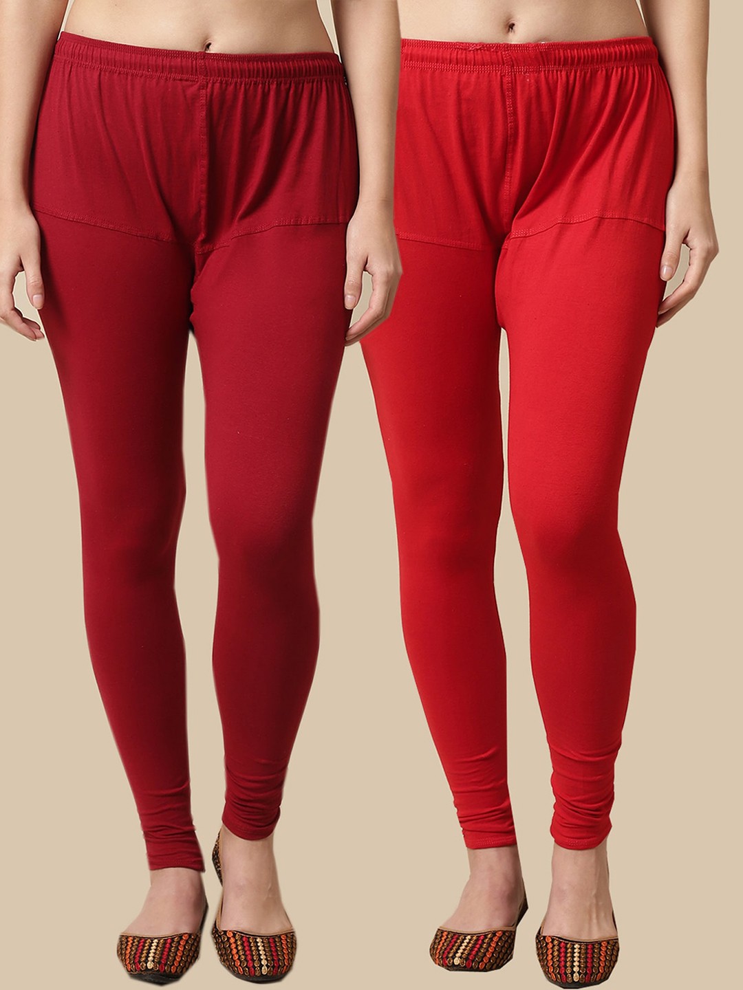 

KEX Pack Of 2 Churidar-Length Cotton Lycra Leggings, Red