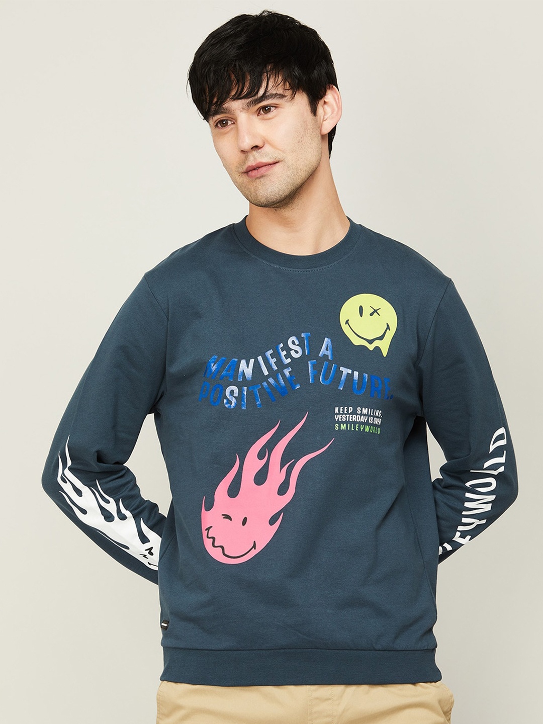 

SmileyWorld Men Typograpghy Printed Cotton Sweatshirt, Teal