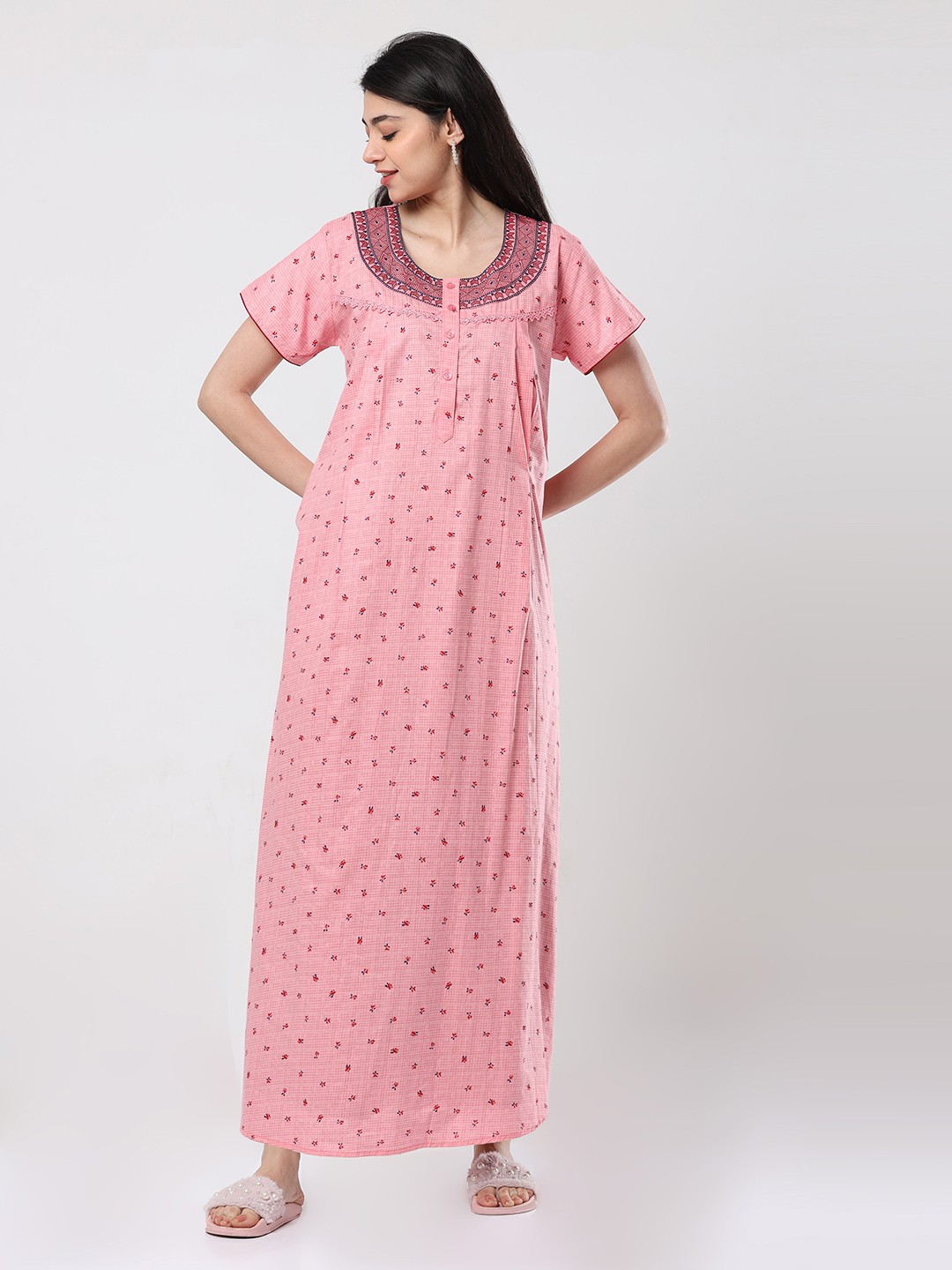 

9shines Label Printed Pure Cotton Maxi Nightdress, Pink