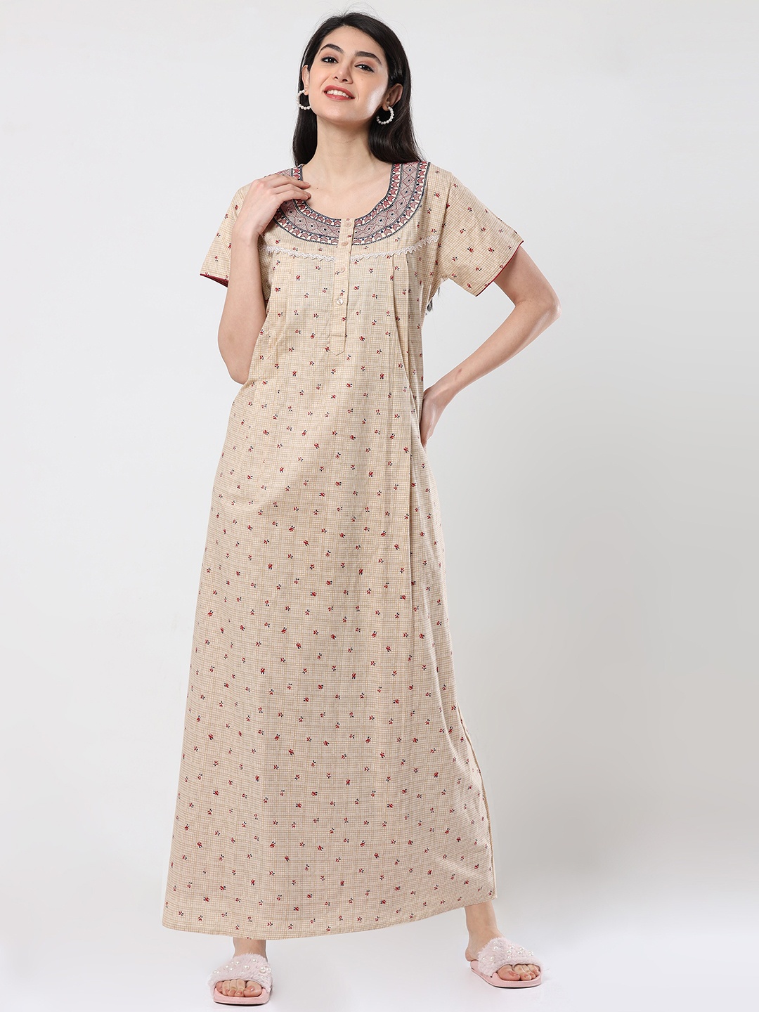 

9shines Label Checked Pure Cotton Maxi Nightdress, Beige