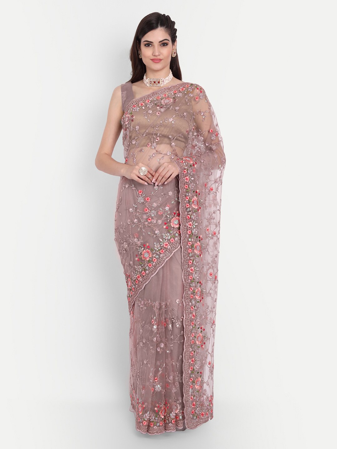 

kasee Floral Sequinned Net Saree, Peach