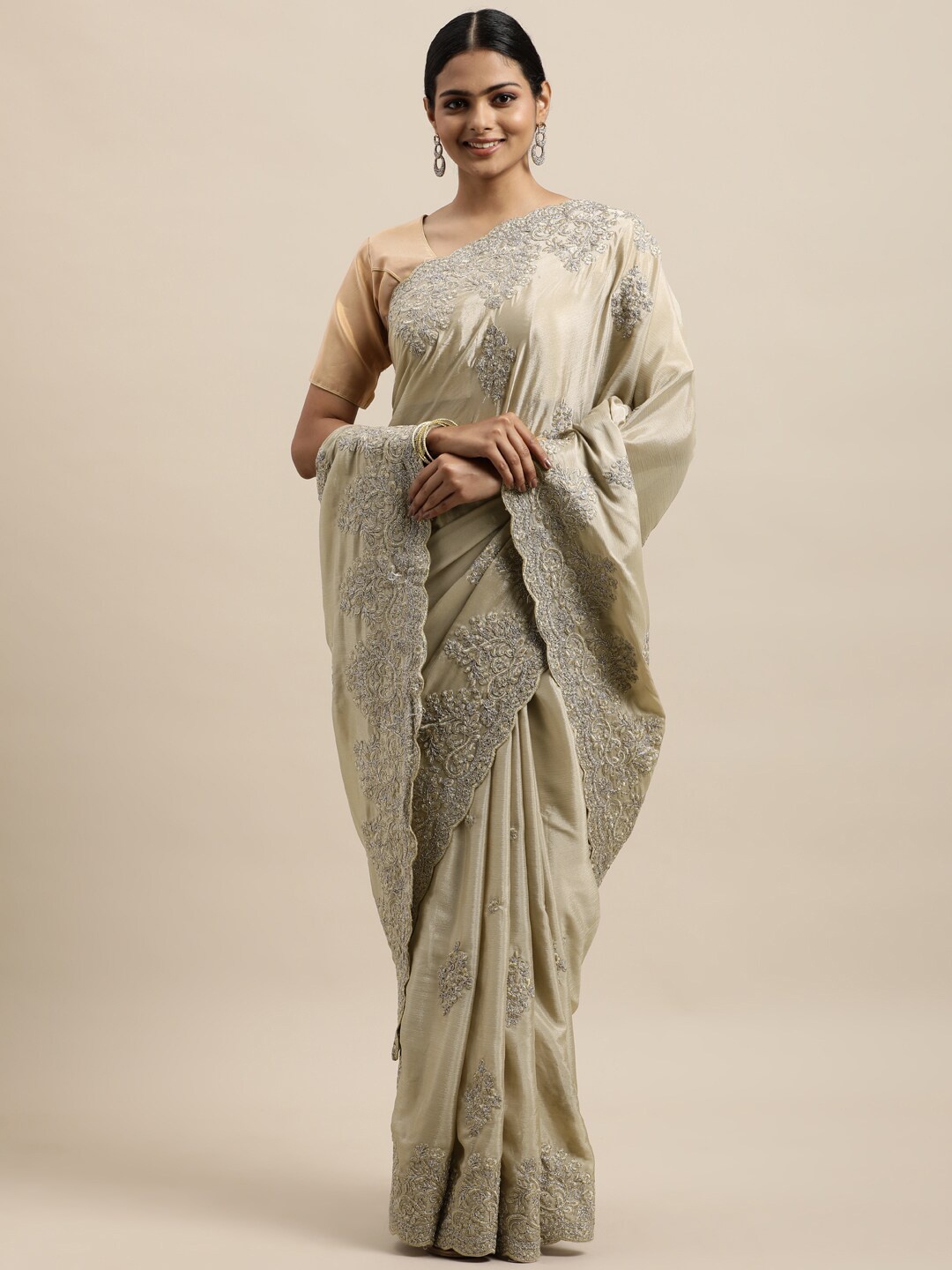 

kasee Floral Embroidered Net Saree, Beige