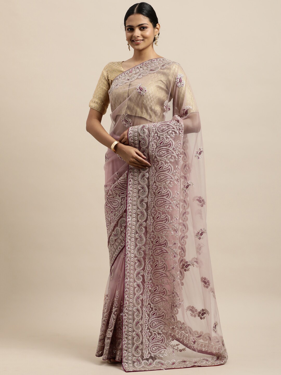 

kasee Paisley Embroidered Net Saree, Peach
