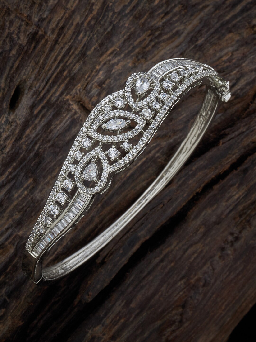 

Kushal's Fashion Jewellery Cubic Zirconia Silver-Plated Kada Bracelet