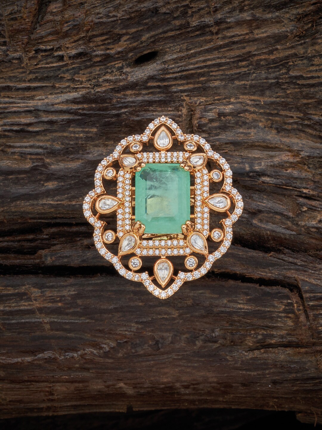 

Kushal's Fashion Jewellery Gold-Plated Kundan Studded Copper Finger Ring, Sea green