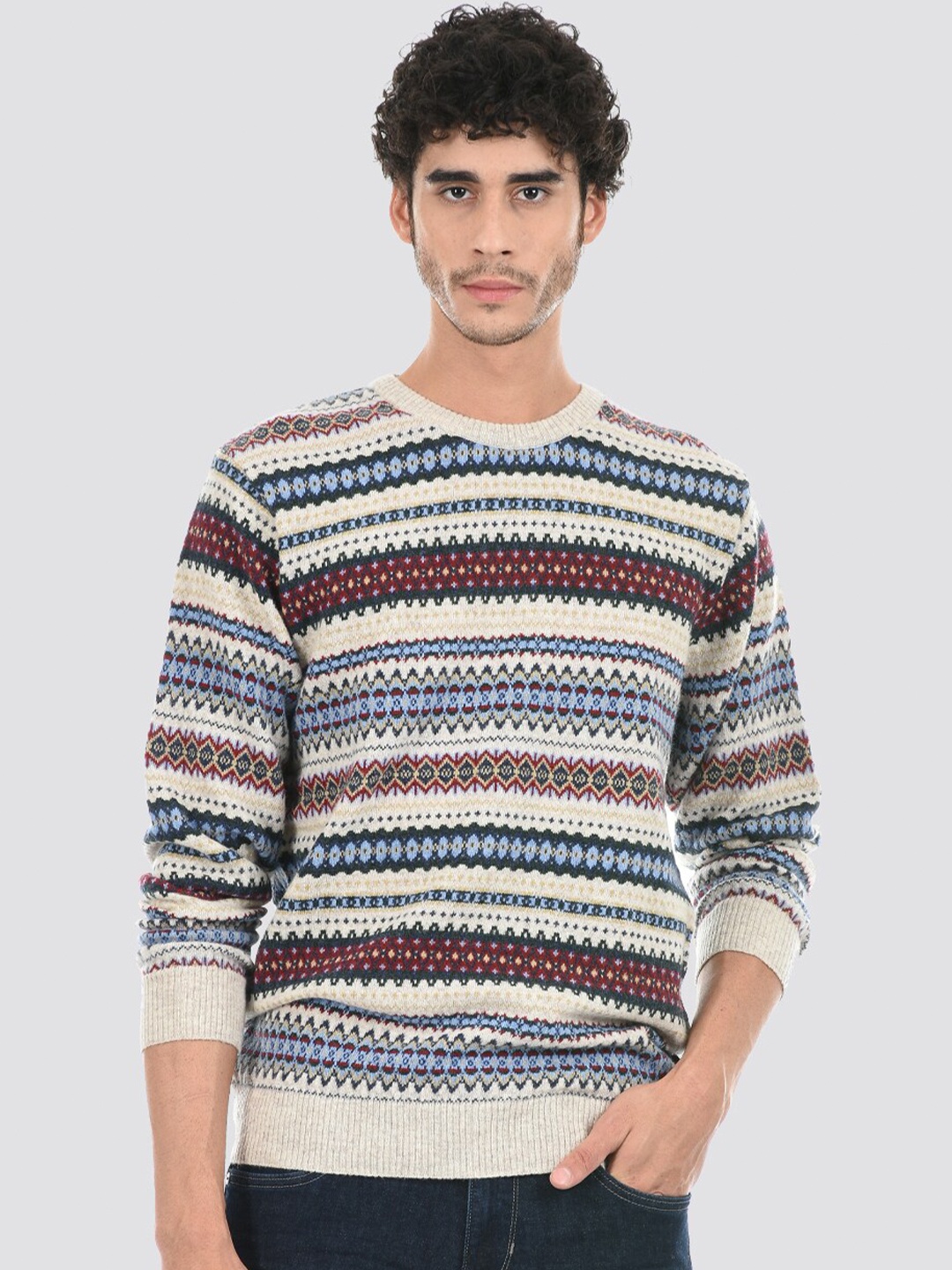 

LONDON FOG Men Fair Isle Self Design Acrylic Pullover, Off white