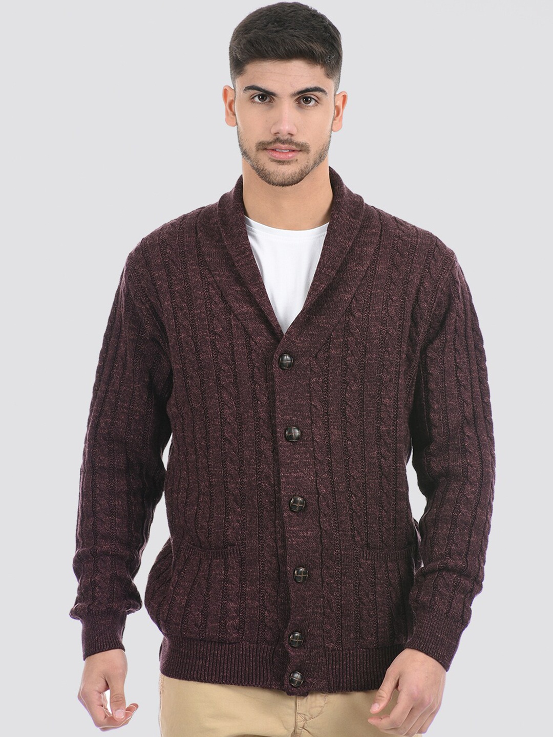 

LONDON FOG Men Cable Knit Lambswool Cardigan, Brown